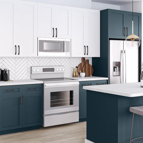 Modern kitchen with Set Of 10 Matte Black 5 Inch Arch Pulls With Curved Flat Square Design Solid Zinc Alloy Construction on white cabinets.