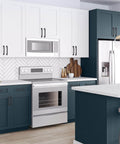 Modern kitchen with Black 5 Inch Arch Cabinet Pulls Set Of 30 For Kitchen Cabinets And Dresser Drawers on white and blue cabinets.