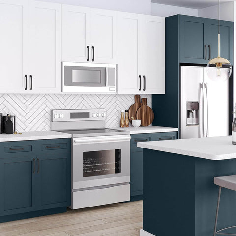 Modern kitchen with Black 5 Inch Arch Cabinet Pulls Set Of 30 For Kitchen Cabinets And Dresser Drawers on white and blue cabinets.