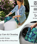 Woman placing palm leaves pattern cover on cushion, washer with 8 Pack Outdoor Cushion Covers Water Resistant High Stretch Fit For 20 To 27 Inch Patio Cushions 180G Machine Washable Slipcovers For Pets And Kids Freshen Up Your Patio Sofa With Palm Leaves Pattern.