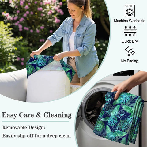Woman placing palm leaves pattern cover on cushion, washer with 8 Pack Outdoor Cushion Covers Water Resistant High Stretch Fit For 20 To 27 Inch Patio Cushions 180G Machine Washable Slipcovers For Pets And Kids Freshen Up Your Patio Sofa With Palm Leaves Pattern.