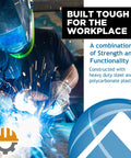 Workhorse Heavy Duty Time Clock And Document Stamp Featuring Smart Led Alignment Dual View Windows For Hassle Free Employee Punch Tracking And No Nonsense Business Attendance Solutions with sparks flying during welding, showcasing steel construction.