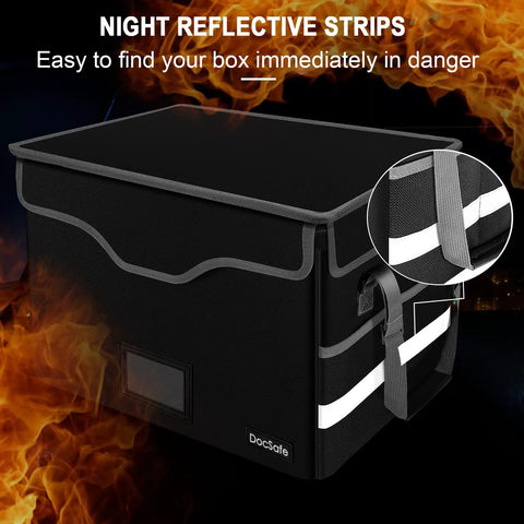 Fireproof Document Box With Lock Collapsible File Organizer With Mesh Pockets Portable Home Office Safe Filing Box For Hanging Letter And Legal Folders Grab And Go Handle Black with reflective strips