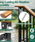 Heavy Duty 3 Step Outdoor Hand Rails For Stairs And Deck Rustproof Metal Build With Natural Wood Grain Finish Zero Wobble Install close-up of wood grain handrail with stainless steel screws and connectors.