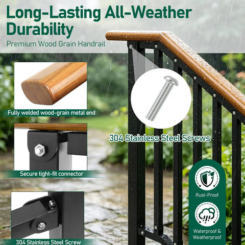 Heavy Duty 3 Step Outdoor Hand Rails For Stairs And Deck Rustproof Metal Build With Natural Wood Grain Finish Zero Wobble Install close-up of wood grain handrail with stainless steel screws and connectors.