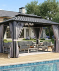 Hardtop 10x14 Gazebo with aluminum frame and double galvanized steel roof, set on a backyard deck with netting and curtains.
