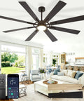 72 Inch Ceiling Fan With Lights, 8 Blade Dual Finish Black And Wood Look, Remote And App Control, Dimmable LED, Quiet DC Motor, 6 Speeds, Reversible For Indoor And Outdoor Use installed in living room