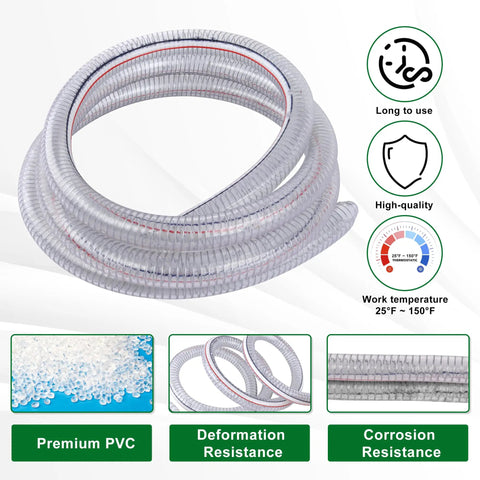 Coiled Five Foot Long Steel Wire Suction Hose With PVC Reinforced Tubing, High Pressure Flexible Vinyl Hose for Dust Collection