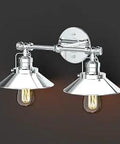Modern Farmhouse Retro Double Metal Sconce Chrome Wall Mounted Two Light Fixture 10.5 Inch High by 15.9 Inch Wide Vintage Industrial Style Accent Lamp, side angle view of chrome finish and metal shades
