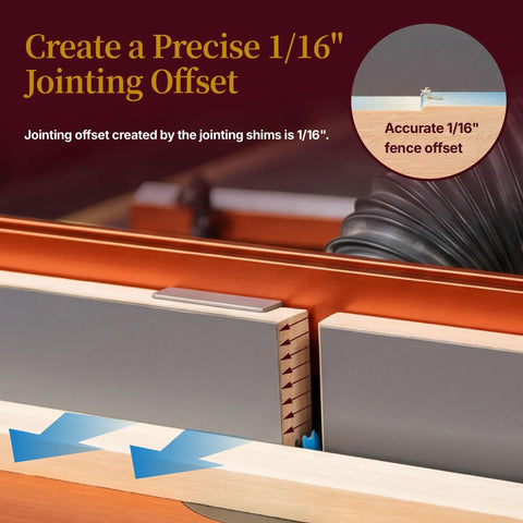 Essential Router Table Upgrade Kit Featuring Micro Adjustable Aluminum Fence With Dual Bearing Guide Rails For Dead Nuts Alignment And Butter Smooth Cutting Action To Level Up Your Woodshop Game showing a precise 1/16" jointing offset.