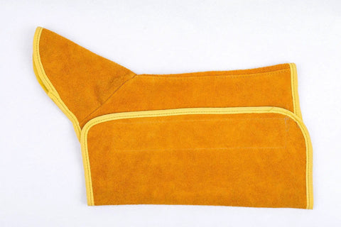 Split Cow Leather Welding Spats with Heat Resistant Boot Covers for Welders shown flat, highlighting abrasion resistant material.