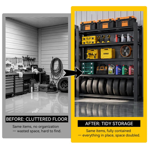 Before and after showing No Fuss Heavy Duty Five Tier Garage Shelving Unit Built Like A Tank Steel Storage Rack 72 X 48 X 24 Inches.