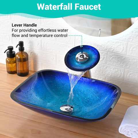Dope Blue Ripple Tempered Glass Vessel Sink With Waterfall Faucet For Above Counter Vanity Rectangle Design Pop Up Drain Victorian Era Inspired Look For Modern Bathrooms - Front View