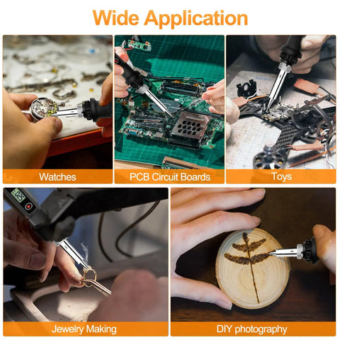 Pro Grade Soldering Iron Kit With 80W Power And LCD Temperature Readout From 180 To 520 Degrees Celsius used on various applications including watches, PCB boards, toys, jewelry and DIY.