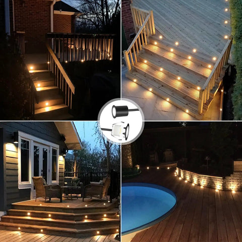 Warm White Recessed LED Deck Light Kit With Black Protective Shell For Embedded Installation on outdoor stairs and deck