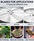 Straight, dentate, and wire X blades for Leaf Bowl Bud Trimmer With Switchable Stainless Steel Blades And Clear Visibility Dome