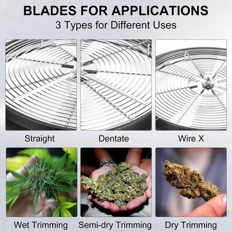 Straight, dentate, and wire X blades for Leaf Bowl Bud Trimmer With Switchable Stainless Steel Blades And Clear Visibility Dome