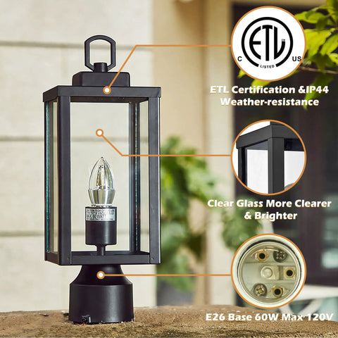 Rugged Outdoor Post Light With E26 Socket Waterproof And Anti Rust Build, Matte Black Pillar Lantern On Stone Wall