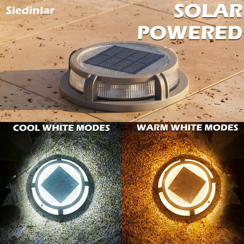 Solar Deck Lights Outdoor 16 LEDs Waterproof Pathway Lights With Two Modes Cool White Or Warm White 4 Pack on tile surface