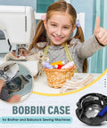 Built Tough Black Bobbin Case Replacement For Brother And Babylock Sewing Machines Delivers Slick Stitching Class 15 A Bobbins Hassle Free Direct Fit Xc3153351 shown in sewing setup with child sewist.