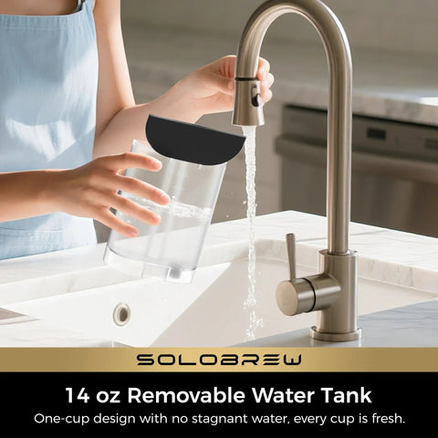 Person filling 14 oz removable water reservoir for Single Serve Coffee Maker For K Cup And Ground Coffee, 3 Brew Sizes With Strong Brew And Over Ice.