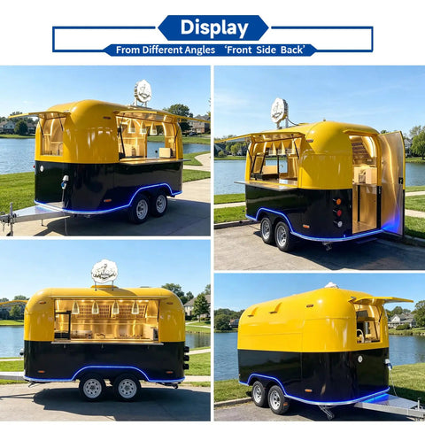 Turnkey Commercial Food Truck For High Volume Burger Stands And Mobile Catering Trailer shown in different angles by the water.