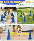 Backyard Dog Agility Training Set With Height Adjustable Crossbar, 12 Detachable Poles And 6 Tall Cones in use indoors and out