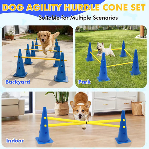 Backyard Dog Agility Training Set With Height Adjustable Crossbar, 12 Detachable Poles And 6 Tall Cones in use indoors and out