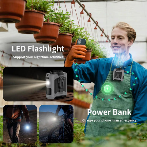 Man using 10000mAh Portable Waist Clip On Fan With 5 Speeds And Built In Flashlight, Hands Free Belt Personal Cooling