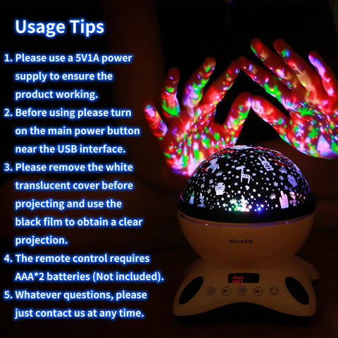 Hands with colorful lights from Awesome Kids Night Light Projector With Remote for Baby Room Starry Nursery Night Light