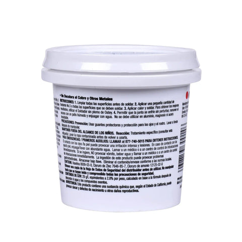 Rear view of Petroleum Based Paste Flux For Copper Piping, Lead Free Solder Paste, 8 Oz, Cleans And Fluxes In One Step jar with instructions.