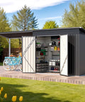 2 In 1 Outdoor Storage Shed And Gazebo Combo With Lean To And Pergola, shown with open doors revealing organized tools inside