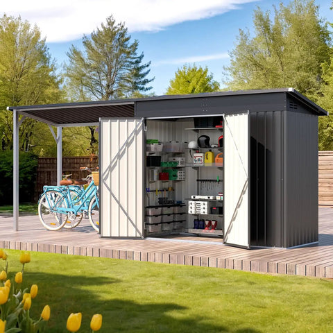 2 In 1 Outdoor Storage Shed And Gazebo Combo With Lean To And Pergola, shown with open doors revealing organized tools inside