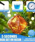 Orange ornament on tree with Dope UV Resin Kit With Light for Quick Curing and Strong Bonding details in overlay graphics.