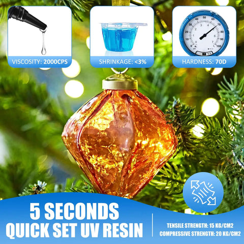 Orange ornament on tree with Dope UV Resin Kit With Light for Quick Curing and Strong Bonding details in overlay graphics.