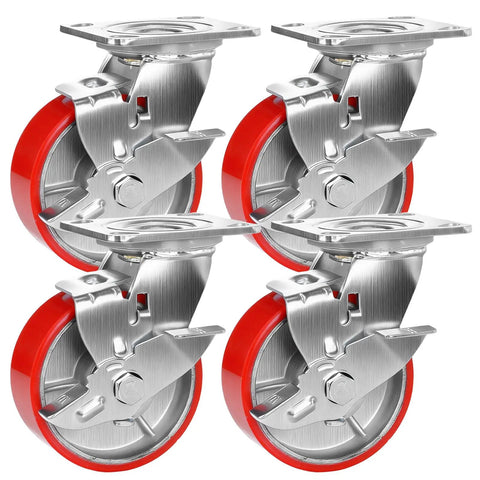 Kick Some Serious Weight Around The Shop With This Set Of Four Heavy Duty Swivel Plate Caster Wheels Equipped With Dual Ball Bearings Secure Brakes And Grease Resistant Polyurethane Tread, showing four wheels with red polyurethane tread and silver plates.