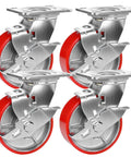 Set Of 4 Premium Heavy Duty Workbench Casters 5 Inch Swivel Plate Wheels showcasing red PU wheels and durable steel plates.