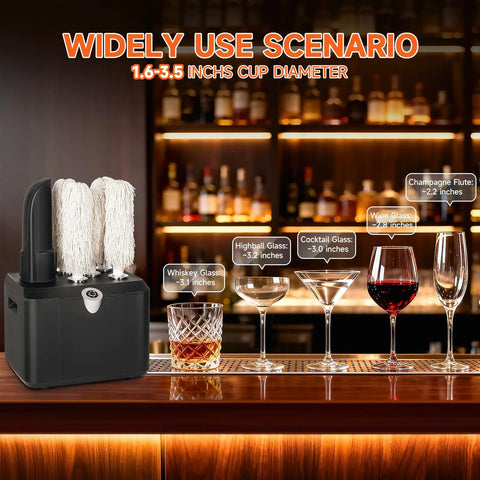 Commercial Glass Polisher And Bar Washer Delivers Crisp Spotless Shine With Smart Warm Air Blast Paired With Food Safe Bristles Handling Three Hundred Thirty Glasses Hourly A Total Hustle Saver For Busy Bars showing whiskey, highball, cocktail, wine, and champagne glasses.