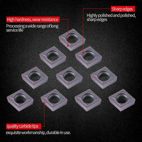 10 CCMT09T304 carbide inserts for Lathe Boring Bar Tool Holder SCLCR1616H09, showing high hardness and sharp edges for precision turning.