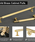 Two Pack Solid Brass Cabinet Pulls With Grooved Gold Bar Handles, 12.6 Inch Center To Center, 15.2 Inch Total Length, Brushed Brass Finish