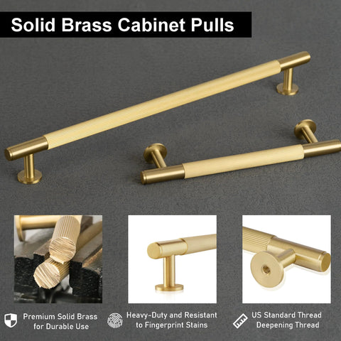 Two Pack Solid Brass Cabinet Pulls With Grooved Gold Bar Handles, 12.6 Inch Center To Center, 15.2 Inch Total Length, Brushed Brass Finish