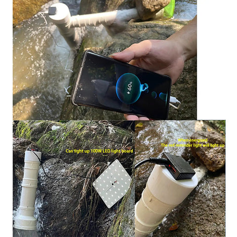50W Pipeline Spiral Hydroelectric Generator in stream, charging phone via USB 3.0, shows 60% charge, ideal for off-grid use.