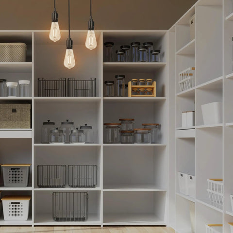 Vintage Exposed Filament LED ST19 Bulbs With Clear Glass Hanging Above Storage Shelves