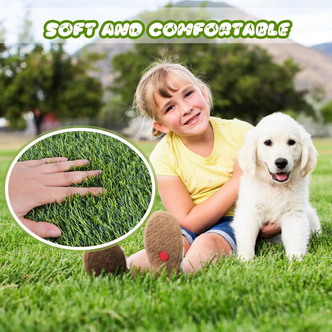 Girl sitting on grass with puppy, close-up of hand on artificial turf, Artificial Dog Grass Mat For Potty Training And Outdoor Patio Turf Rug With Drainage Easy To Clean Replacement Grass Pad Pet Safe And Durable Fits 39.4 By 31.5 Inches Perfect For Wet Or Muddy Areas Quick Dry Simple To Install Anywhere In Your Yard Or.