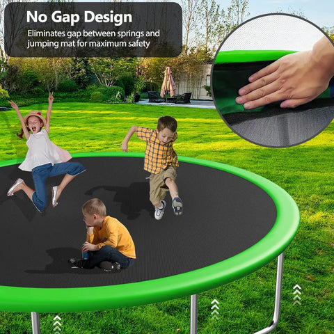 Children playing on 12 Foot Trampoline With Slide And Swings Outdoor Play Set With Basketball Hoop Ladder LED Lights And Net Enclosure