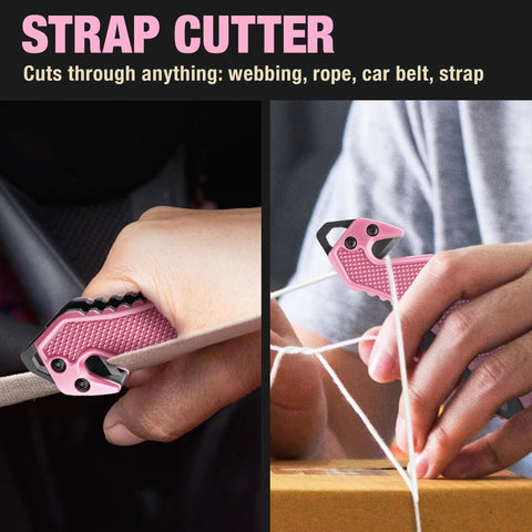 Pink Pocket Knife For Women Self Defense 2.95 Inch Serrated Folding Blade 5 In 1 Tactical Knife with strap cutter in use