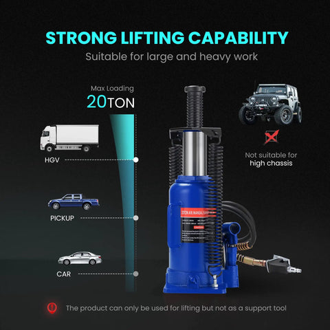 20 Ton Pneumatic Air Hydraulic Bottle Jack With Manual Hand Pump For Cars Trucks And Trailers Heavy Duty Auto Repair Lift Blue Great For Roadside Emergencies Maintenance And Garage Jobs With Adjustable Height And 200 PSI Capacity