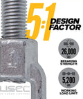 Heavy Duty Jaw And Jaw Turnbuckle Pack Of Ten Three Quarter By Eighteen Inch Hot Dipped Galvanized Wire Rope Tensioning hardware close-up showing 5:1 design factor.