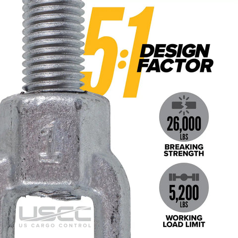 Heavy Duty Jaw And Jaw Turnbuckle Pack Of Ten Three Quarter By Eighteen Inch Hot Dipped Galvanized Wire Rope Tensioning hardware close-up showing 5:1 design factor.