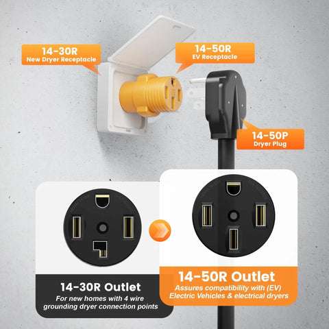 Heavy Duty NEMA 14 30P To 14 50R Level 2 EV Charger Adapter Fits Tesla Cars showing 14-30R and 14-50R receptacles for easy charging.